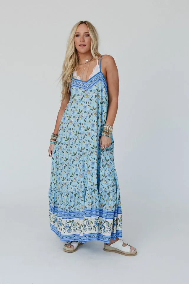 Flower Gala Border Print Dress - Blue