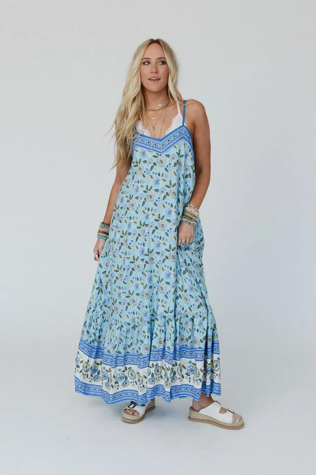 Flower Gala Border Print Dress - Blue