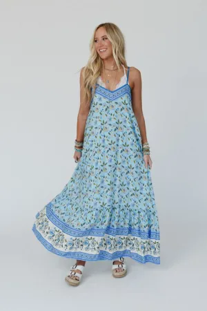 Flower Gala Border Print Dress - Blue