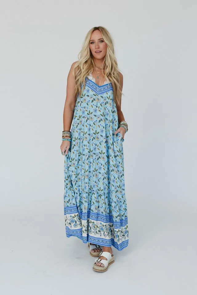 Flower Gala Border Print Dress - Blue