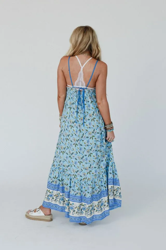 Flower Gala Border Print Dress - Blue