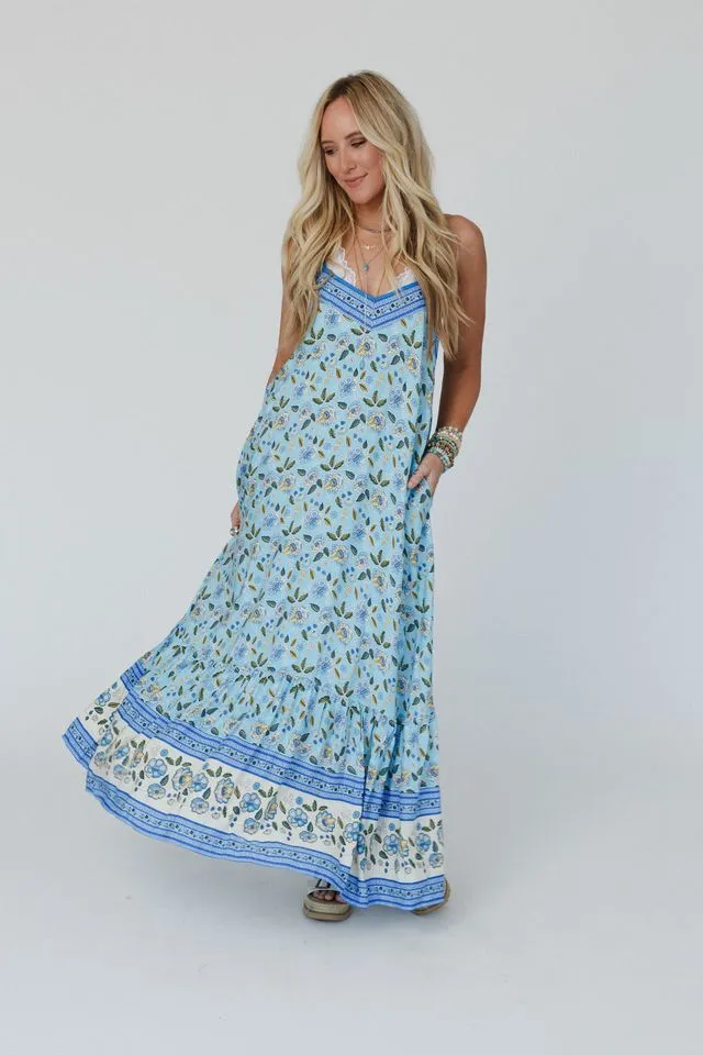 Flower Gala Border Print Dress - Blue