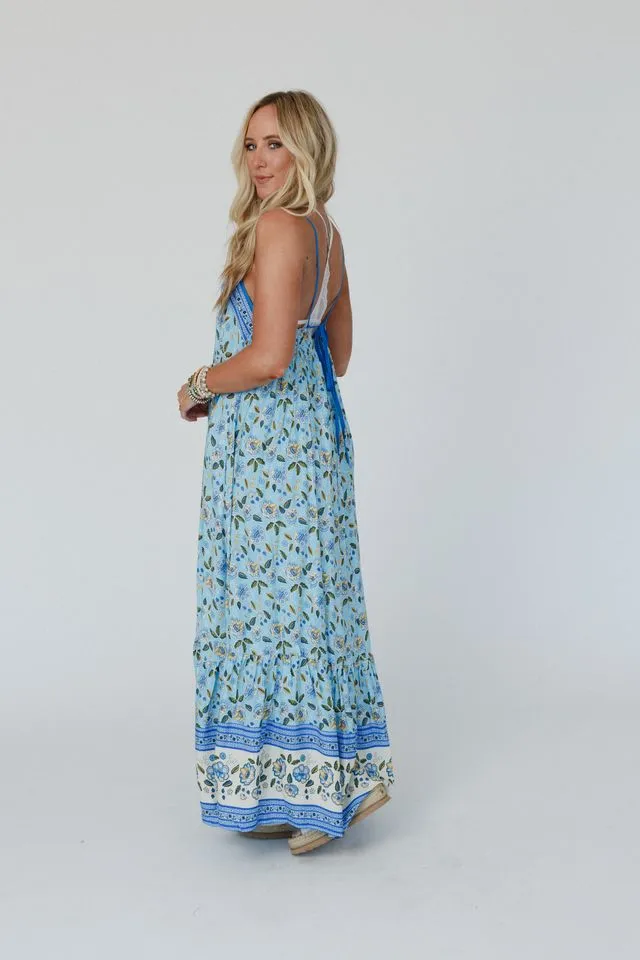 Flower Gala Border Print Dress - Blue