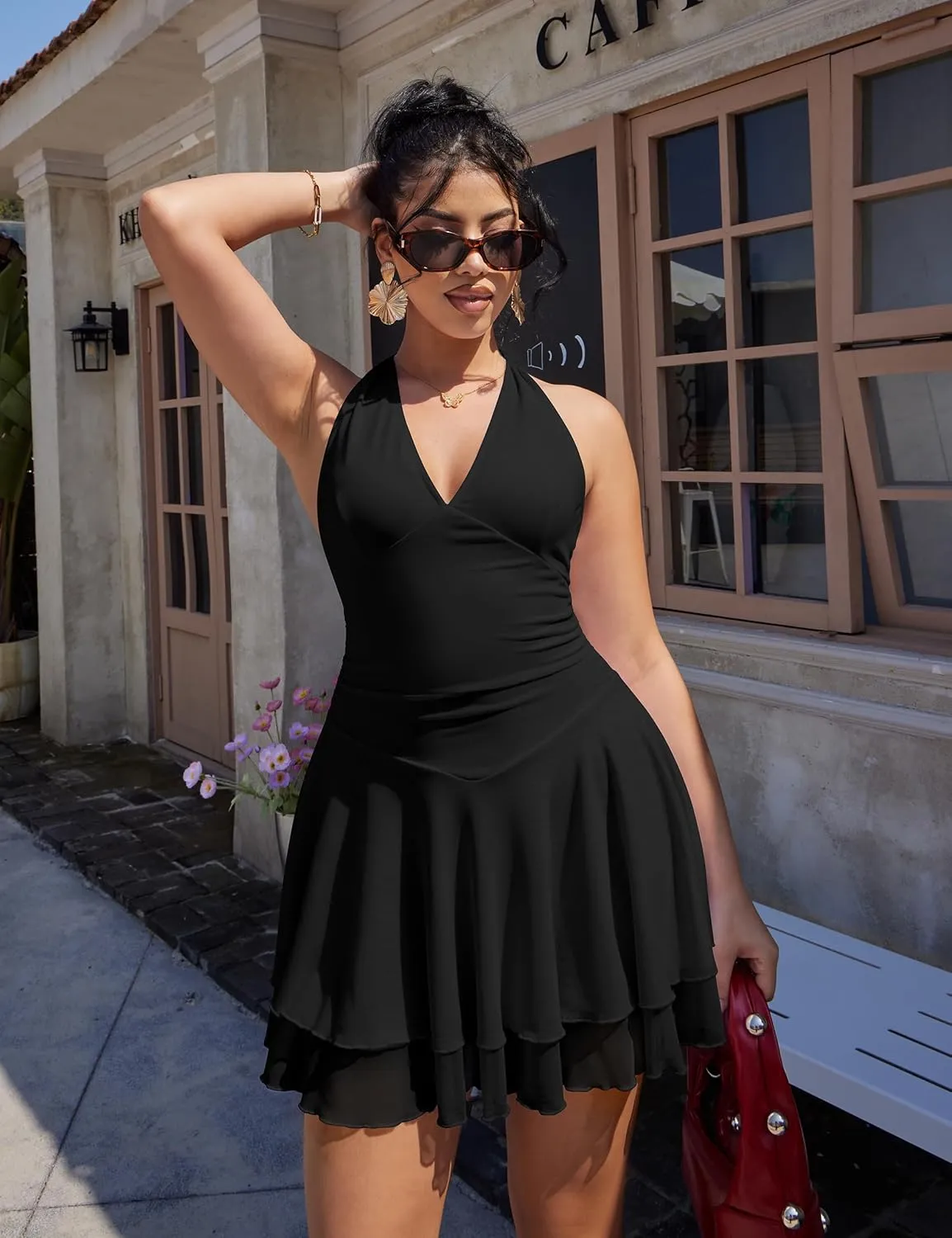 GOKATOSAU Women's Sleeveless Halter V Neck Ruched Waist Mesh Tiered Ruffle Hem Mini Dress