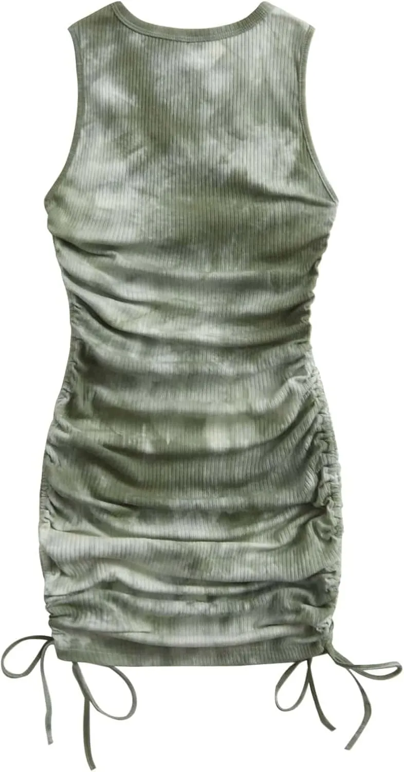GORGLITTER Summer Dresses for Women 2024 Ruched Bodycon Dress Tie Dye Mini Dress Ribbed Knit Sleeveless Short Dresses