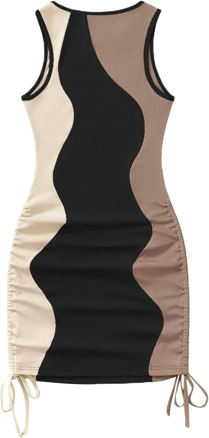 GORGLITTER Summer Dresses for Women 2024 Ruched Bodycon Dress Tie Dye Mini Dress Ribbed Knit Sleeveless Short Dresses