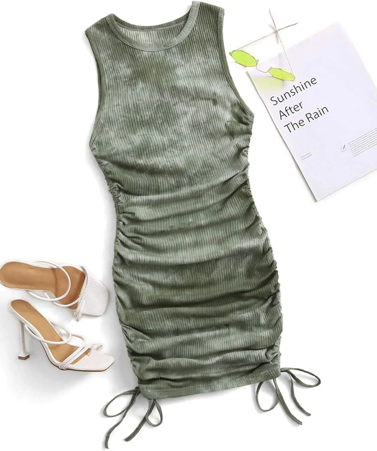 GORGLITTER Summer Dresses for Women 2024 Ruched Bodycon Dress Tie Dye Mini Dress Ribbed Knit Sleeveless Short Dresses