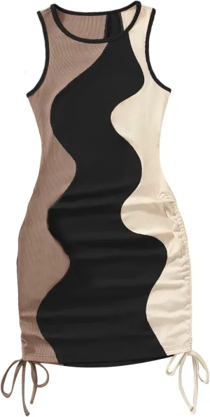 GORGLITTER Summer Dresses for Women 2024 Ruched Bodycon Dress Tie Dye Mini Dress Ribbed Knit Sleeveless Short Dresses