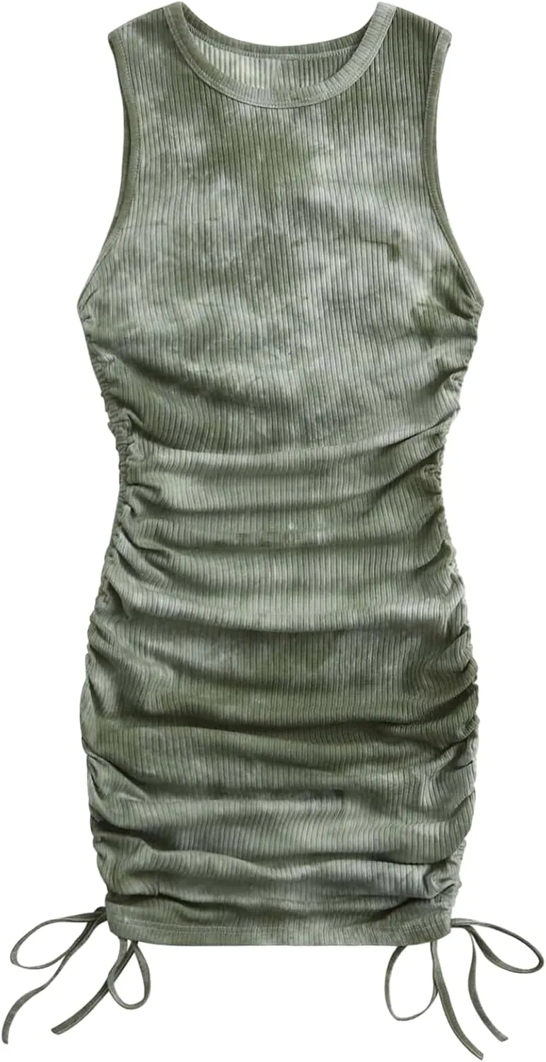 GORGLITTER Summer Dresses for Women 2024 Ruched Bodycon Dress Tie Dye Mini Dress Ribbed Knit Sleeveless Short Dresses