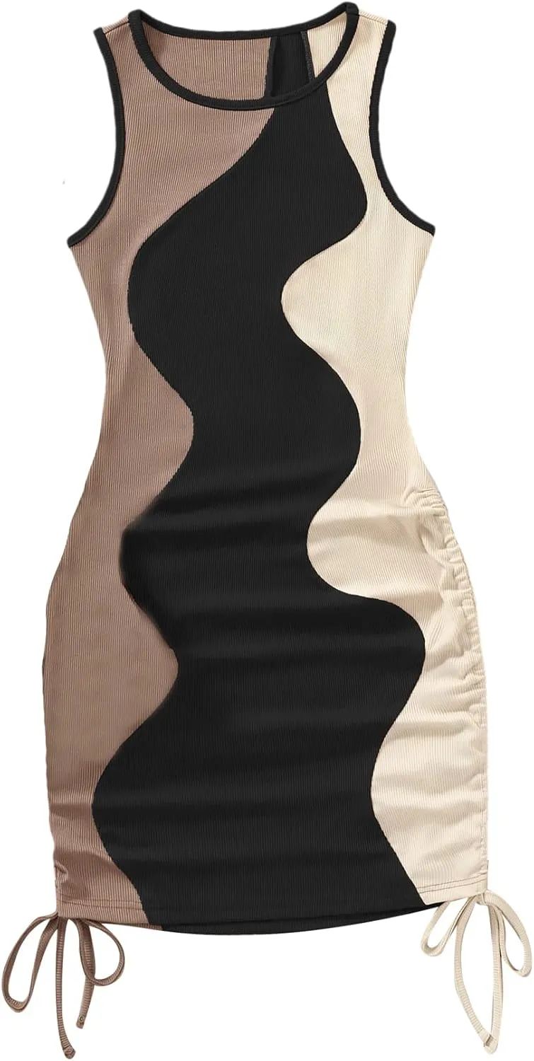 GORGLITTER Summer Dresses for Women 2024 Ruched Bodycon Dress Tie Dye Mini Dress Ribbed Knit Sleeveless Short Dresses