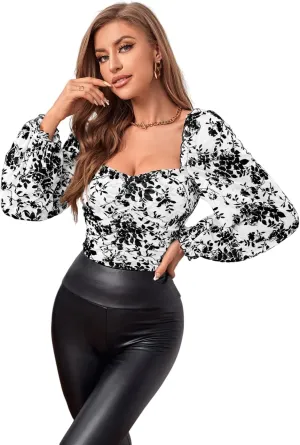 GORGLITTER Women's Floral Mesh Long Sleeve Top Square Neck Ruched Blouse Shirt Coquette Club Tops