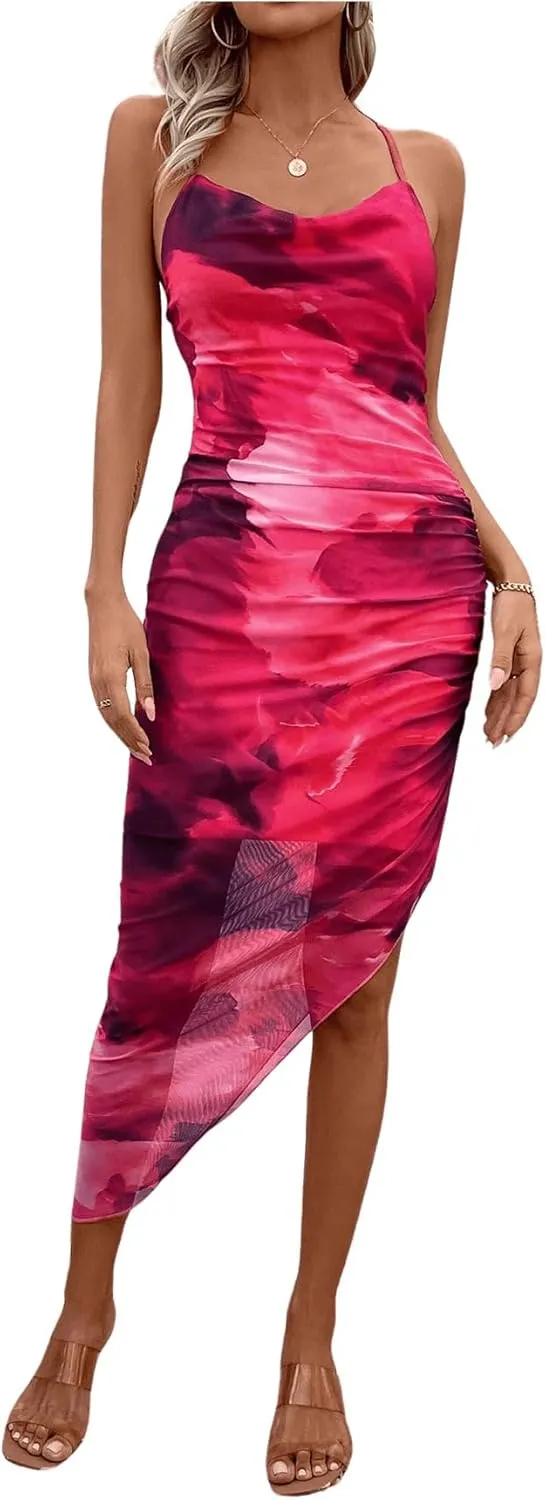 GORGLITTER Women's Mesh Ruched Bodycon Birthday Midi Dress Tie Dye Asymmetrical Party Going Out Wedding Guest Dresses