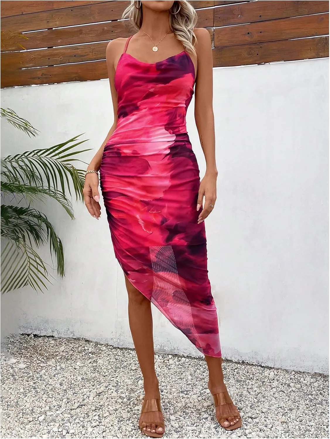 GORGLITTER Women's Mesh Ruched Bodycon Birthday Midi Dress Tie Dye Asymmetrical Party Going Out Wedding Guest Dresses