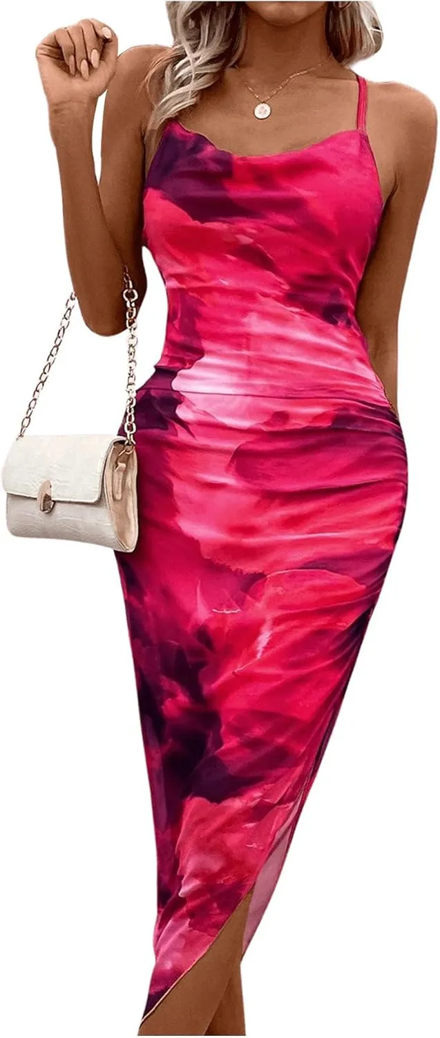 GORGLITTER Women's Mesh Ruched Bodycon Birthday Midi Dress Tie Dye Asymmetrical Party Going Out Wedding Guest Dresses