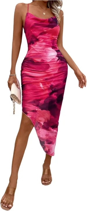GORGLITTER Women's Mesh Ruched Bodycon Birthday Midi Dress Tie Dye Asymmetrical Party Going Out Wedding Guest Dresses