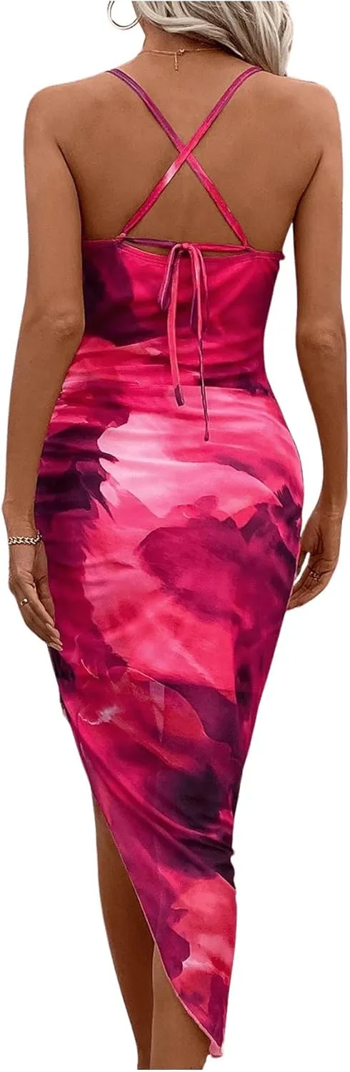 GORGLITTER Women's Mesh Ruched Bodycon Birthday Midi Dress Tie Dye Asymmetrical Party Going Out Wedding Guest Dresses