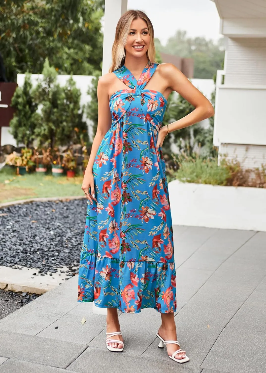 GRACE KARIN 2025 Women's Criss Cross Halterneck Sleeveless Summer Floral Print Flowy A Line Maxi Dress
