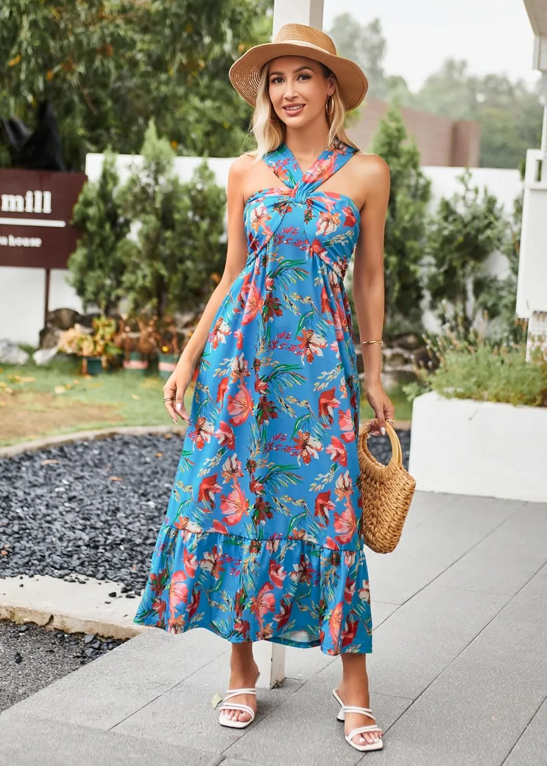 GRACE KARIN 2025 Women's Criss Cross Halterneck Sleeveless Summer Floral Print Flowy A Line Maxi Dress