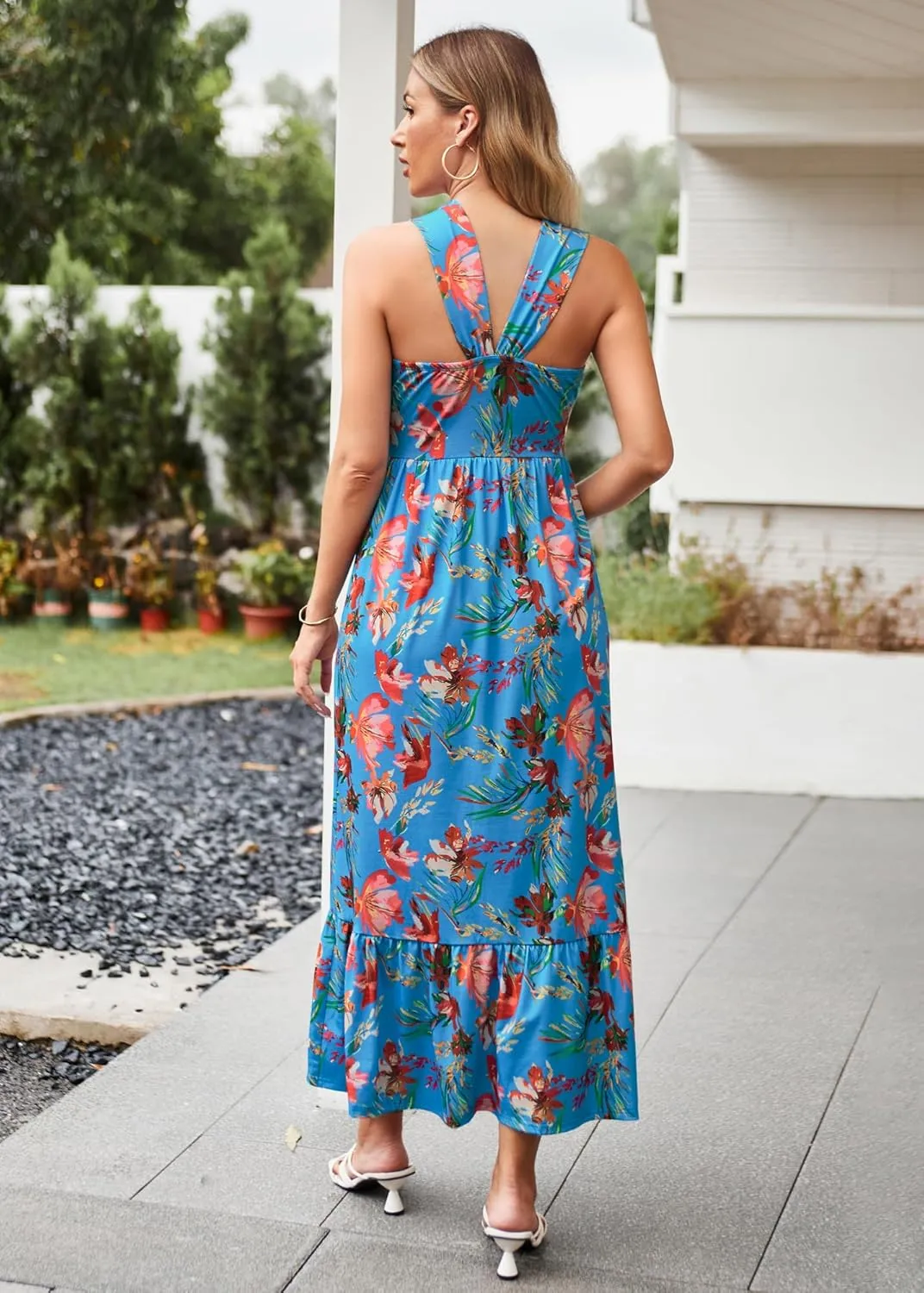 GRACE KARIN 2025 Women's Criss Cross Halterneck Sleeveless Summer Floral Print Flowy A Line Maxi Dress