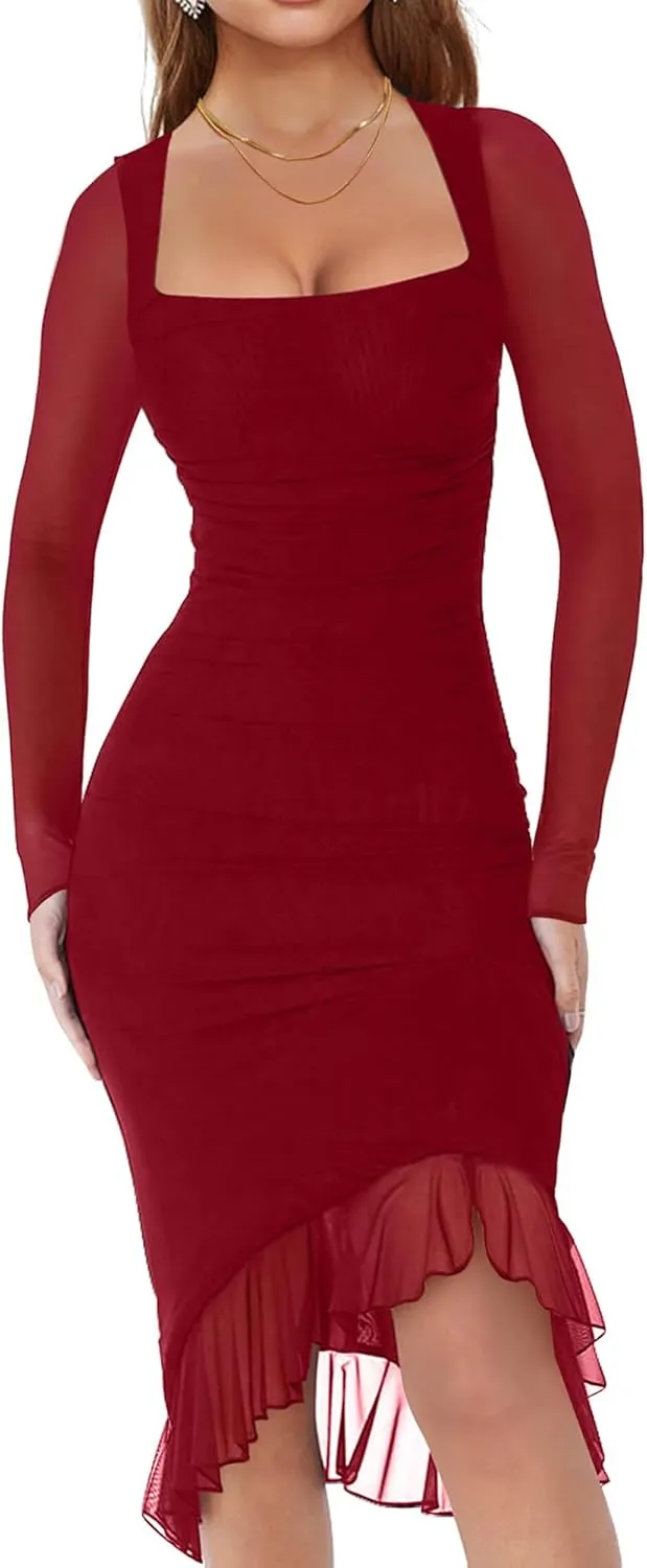 HYPERFIRE Women's Sexy Ruched Bodycon Dress Square Neck Long Sleeve Ruffle Hem Mini Dresses Club Party