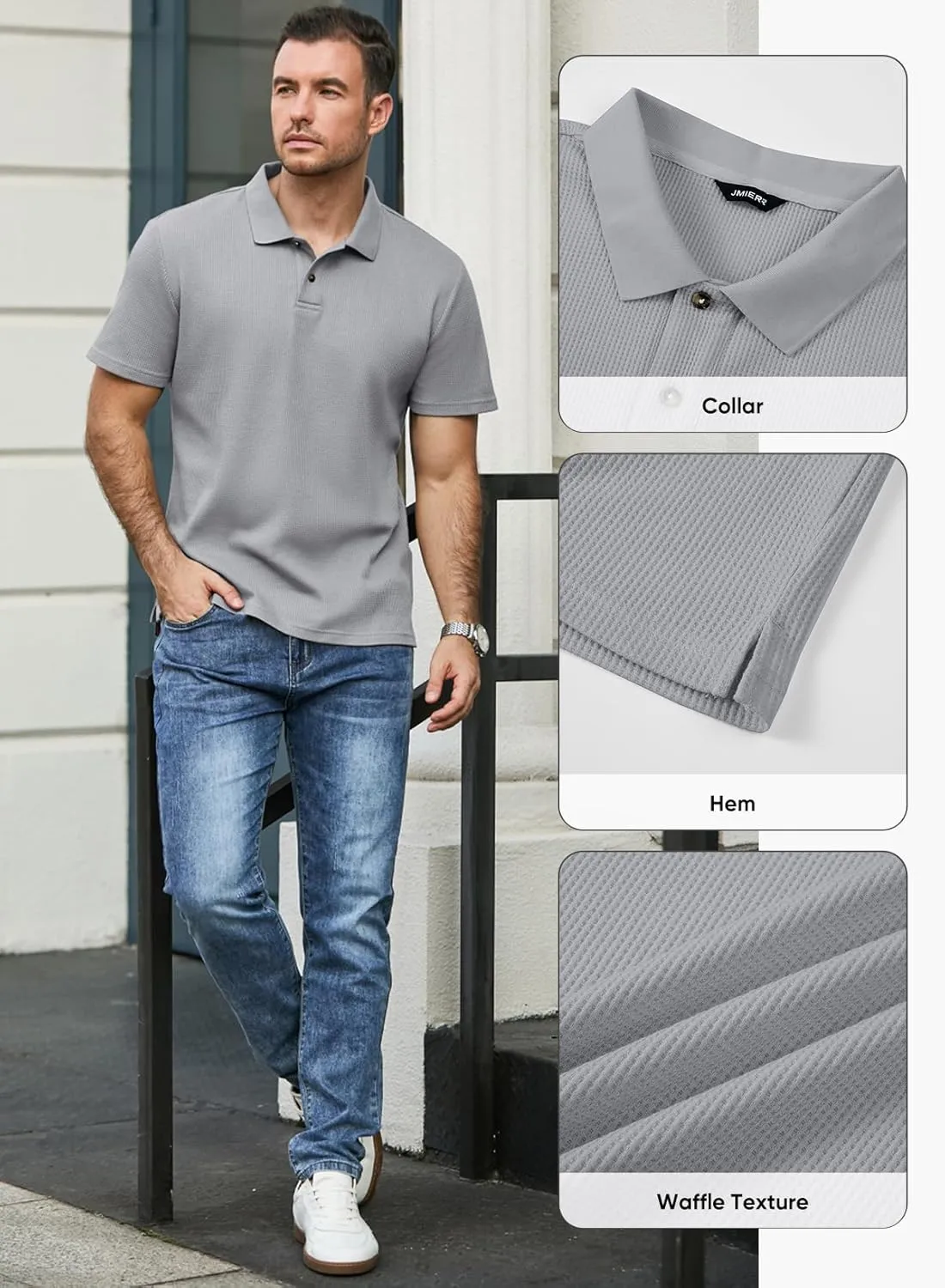 JMIERR Men's Waffle Polo Shirts Summer Casual Short Sleeve T-Shirt Button Up Solid Color Henley Shirts