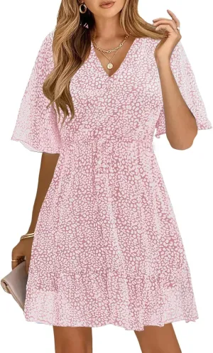 KIRUNDO Women's Summer Dresses 2025 Casual Short Sleeve V Neck Ruffle Floral Print High Waist Flowy Mini Dress with Belt