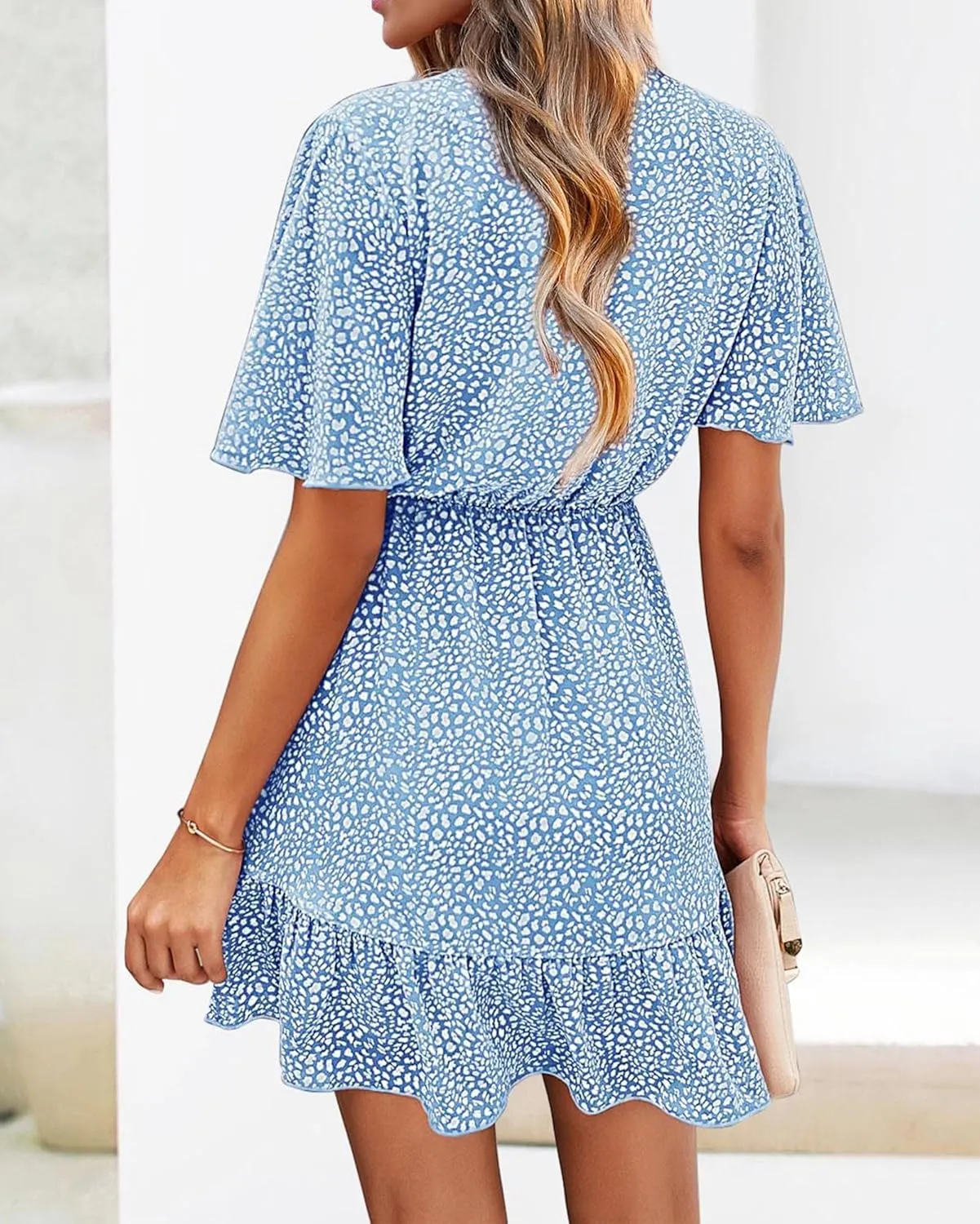 KIRUNDO Women's Summer Dresses 2025 Casual Short Sleeve V Neck Ruffle Floral Print High Waist Flowy Mini Dress with Belt