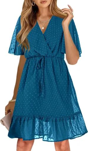 KIRUNDO Women's Summer Dresses 2025 Casual Short Sleeve V Neck Ruffle Floral Print High Waist Flowy Mini Dress with Belt