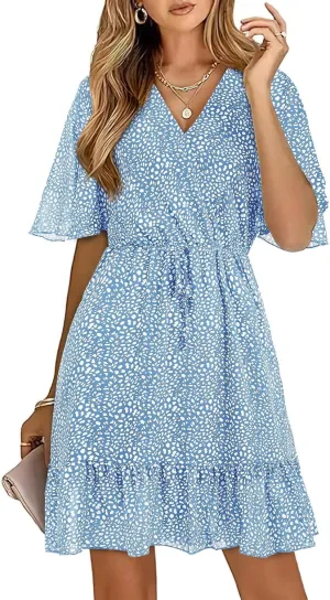 KIRUNDO Women's Summer Dresses 2025 Casual Short Sleeve V Neck Ruffle Floral Print High Waist Flowy Mini Dress with Belt