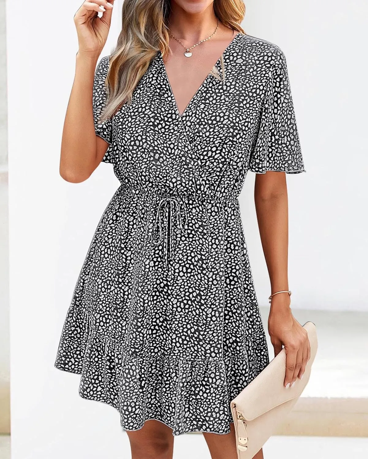 KIRUNDO Women's Summer Dresses 2025 Casual Short Sleeve V Neck Ruffle Floral Print High Waist Flowy Mini Dress with Belt