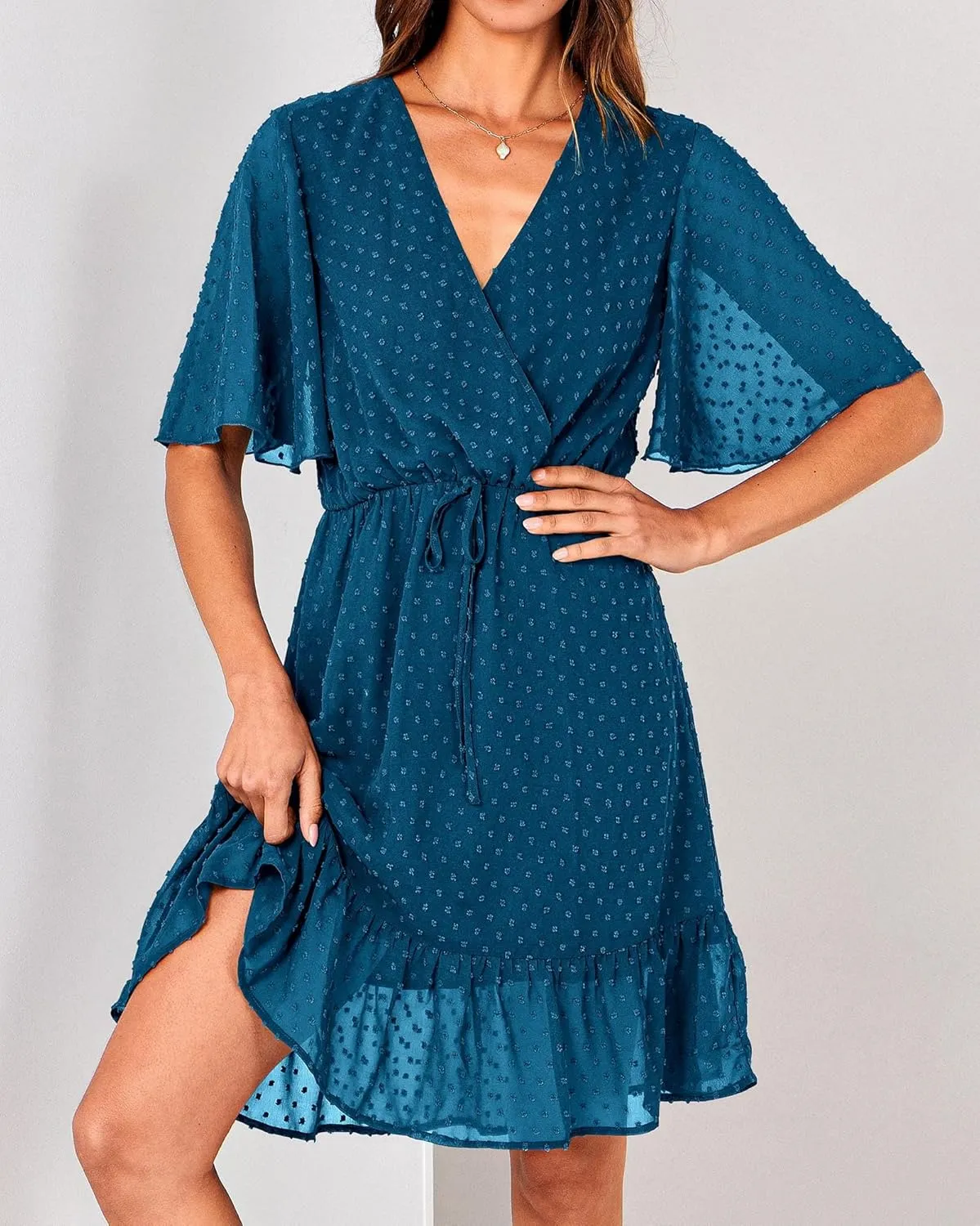 KIRUNDO Women's Summer Dresses 2025 Casual Short Sleeve V Neck Ruffle Floral Print High Waist Flowy Mini Dress with Belt