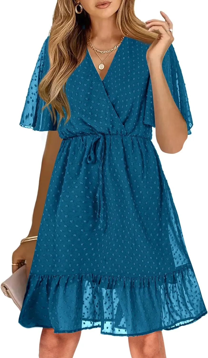 KIRUNDO Women's Summer Dresses 2025 Casual Short Sleeve V Neck Ruffle Floral Print High Waist Flowy Mini Dress with Belt