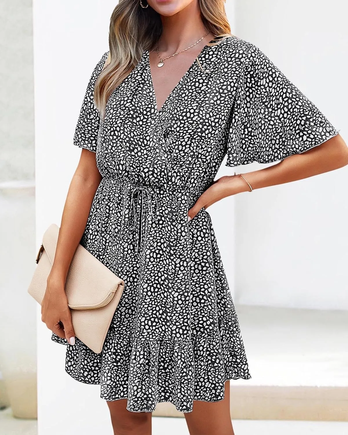 KIRUNDO Women's Summer Dresses 2025 Casual Short Sleeve V Neck Ruffle Floral Print High Waist Flowy Mini Dress with Belt