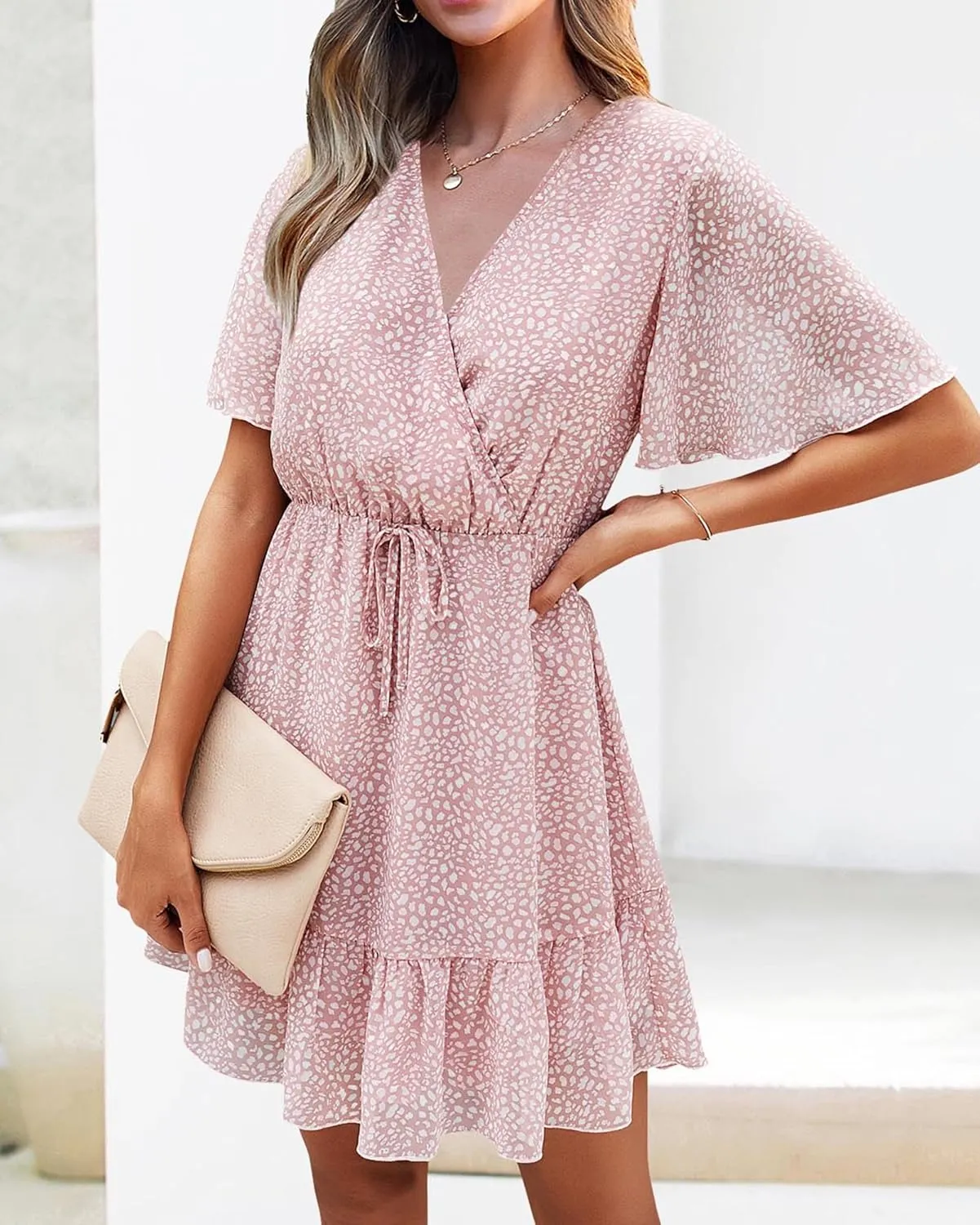 KIRUNDO Women's Summer Dresses 2025 Casual Short Sleeve V Neck Ruffle Floral Print High Waist Flowy Mini Dress with Belt