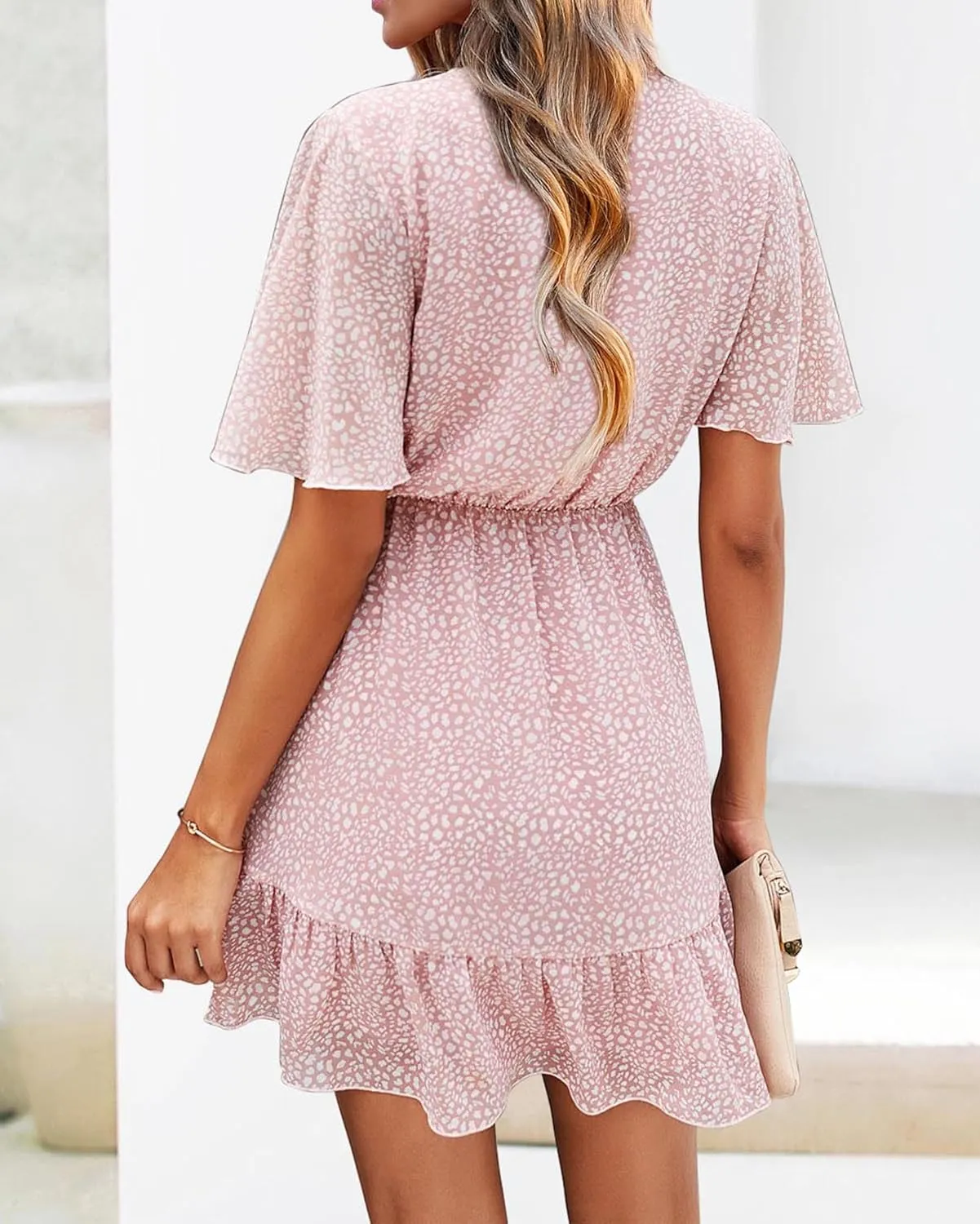 KIRUNDO Women's Summer Dresses 2025 Casual Short Sleeve V Neck Ruffle Floral Print High Waist Flowy Mini Dress with Belt