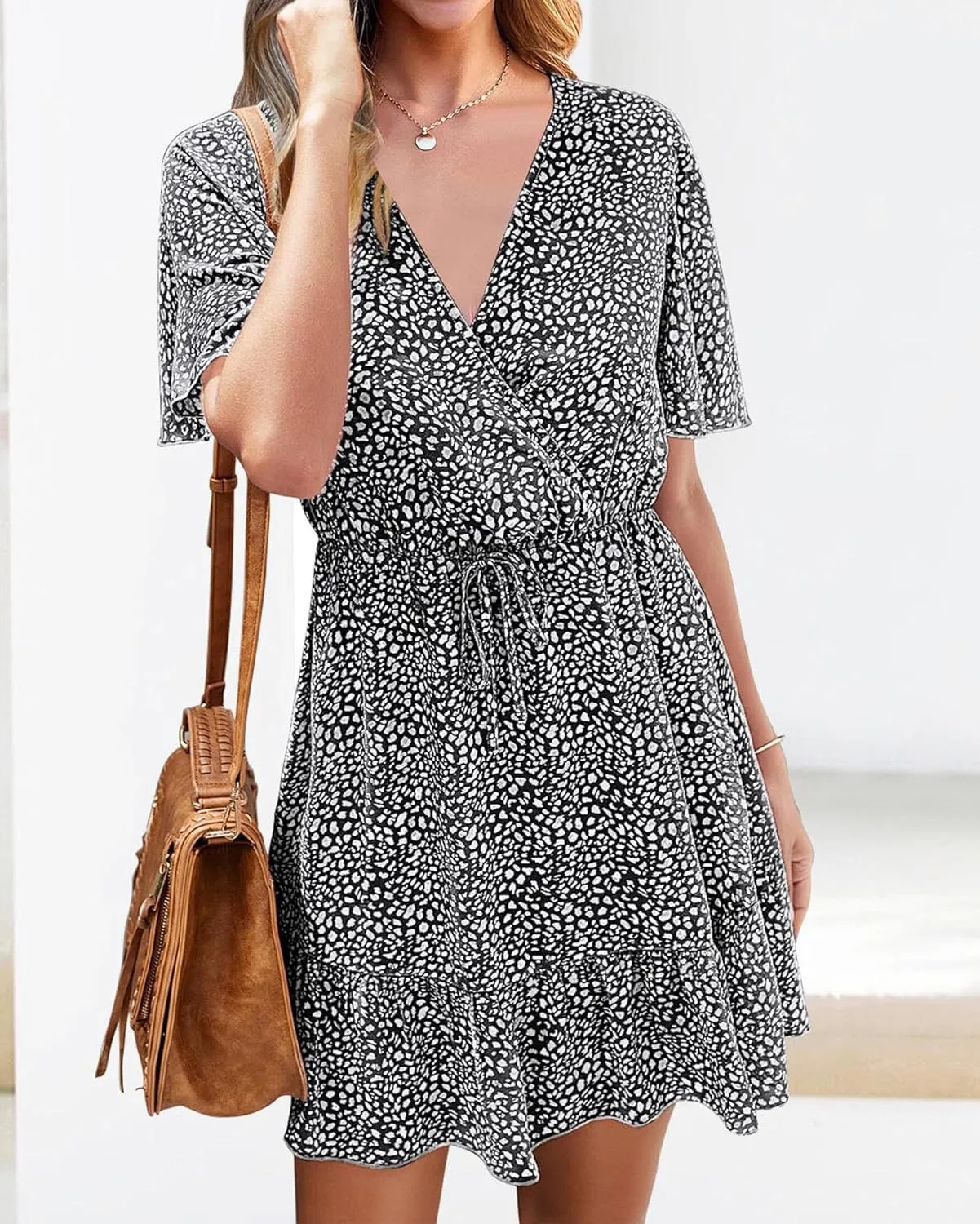 KIRUNDO Women's Summer Dresses 2025 Casual Short Sleeve V Neck Ruffle Floral Print High Waist Flowy Mini Dress with Belt
