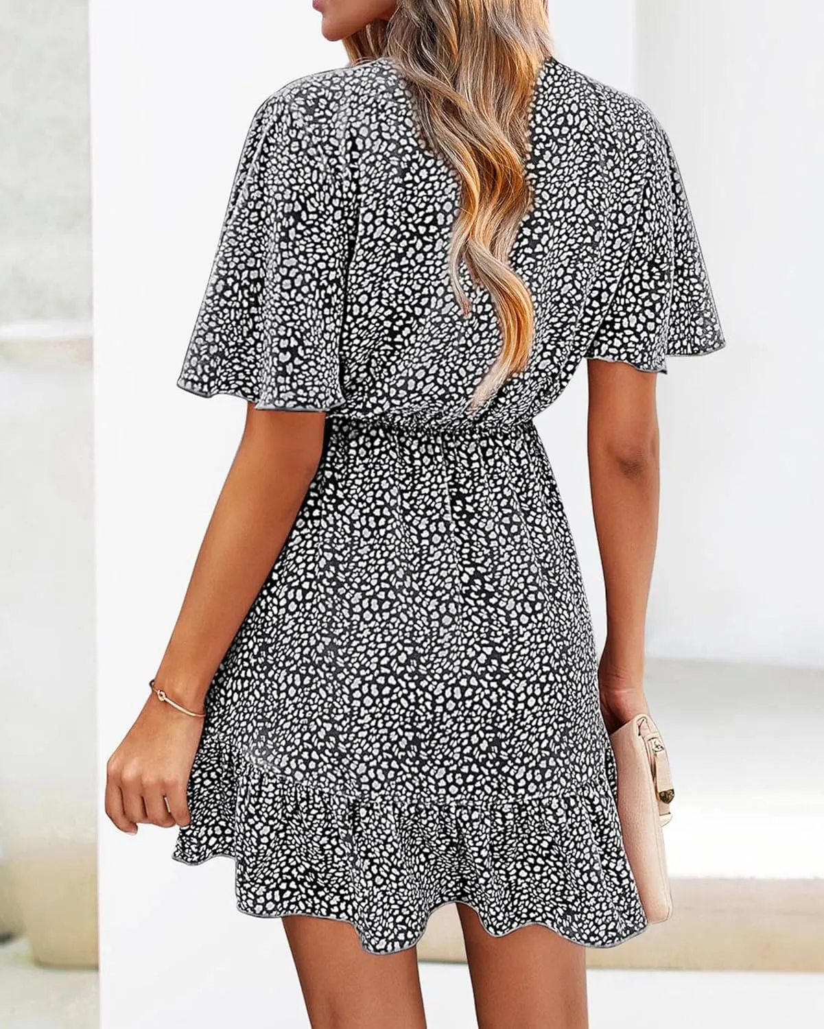 KIRUNDO Women's Summer Dresses 2025 Casual Short Sleeve V Neck Ruffle Floral Print High Waist Flowy Mini Dress with Belt