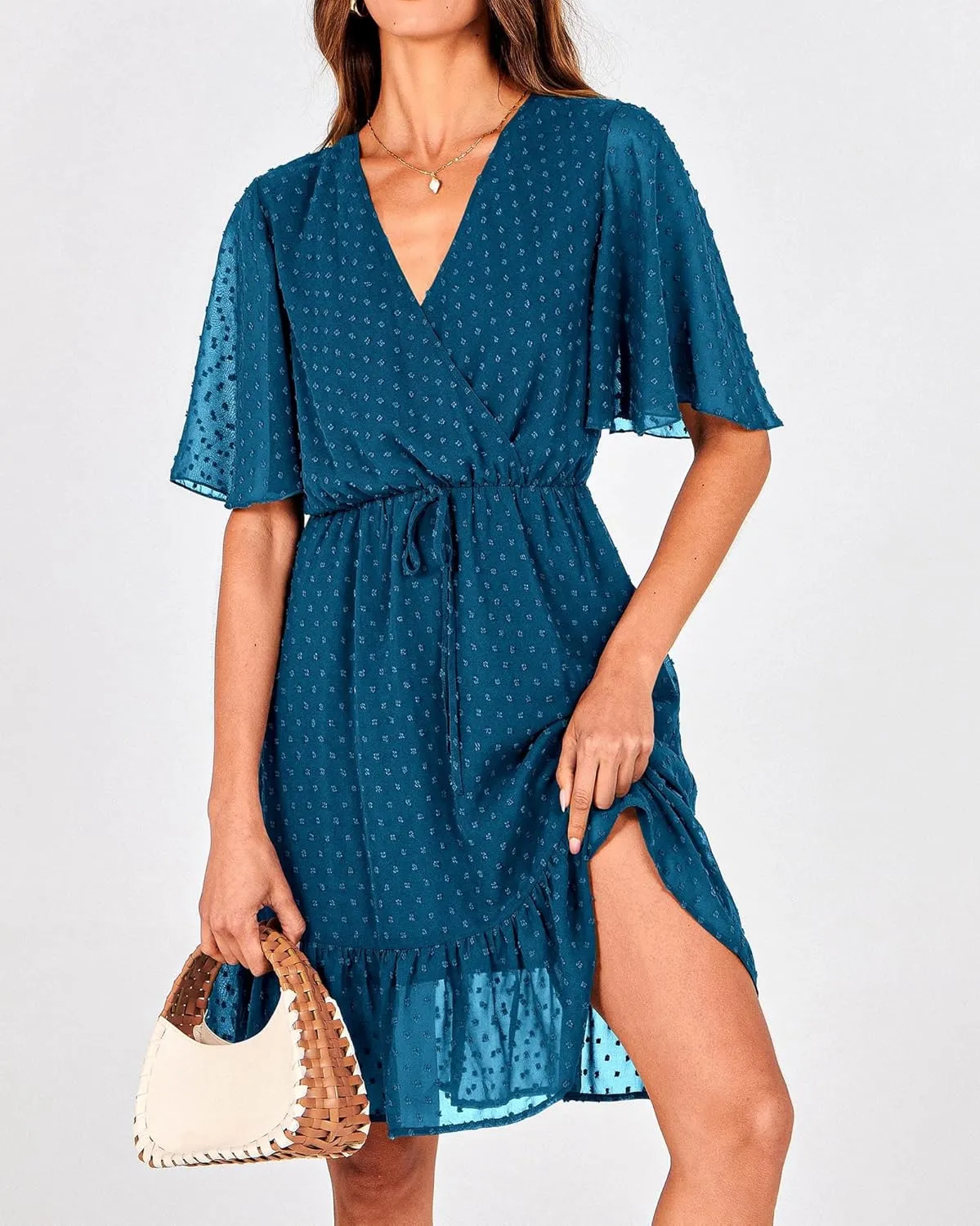 KIRUNDO Women's Summer Dresses 2025 Casual Short Sleeve V Neck Ruffle Floral Print High Waist Flowy Mini Dress with Belt