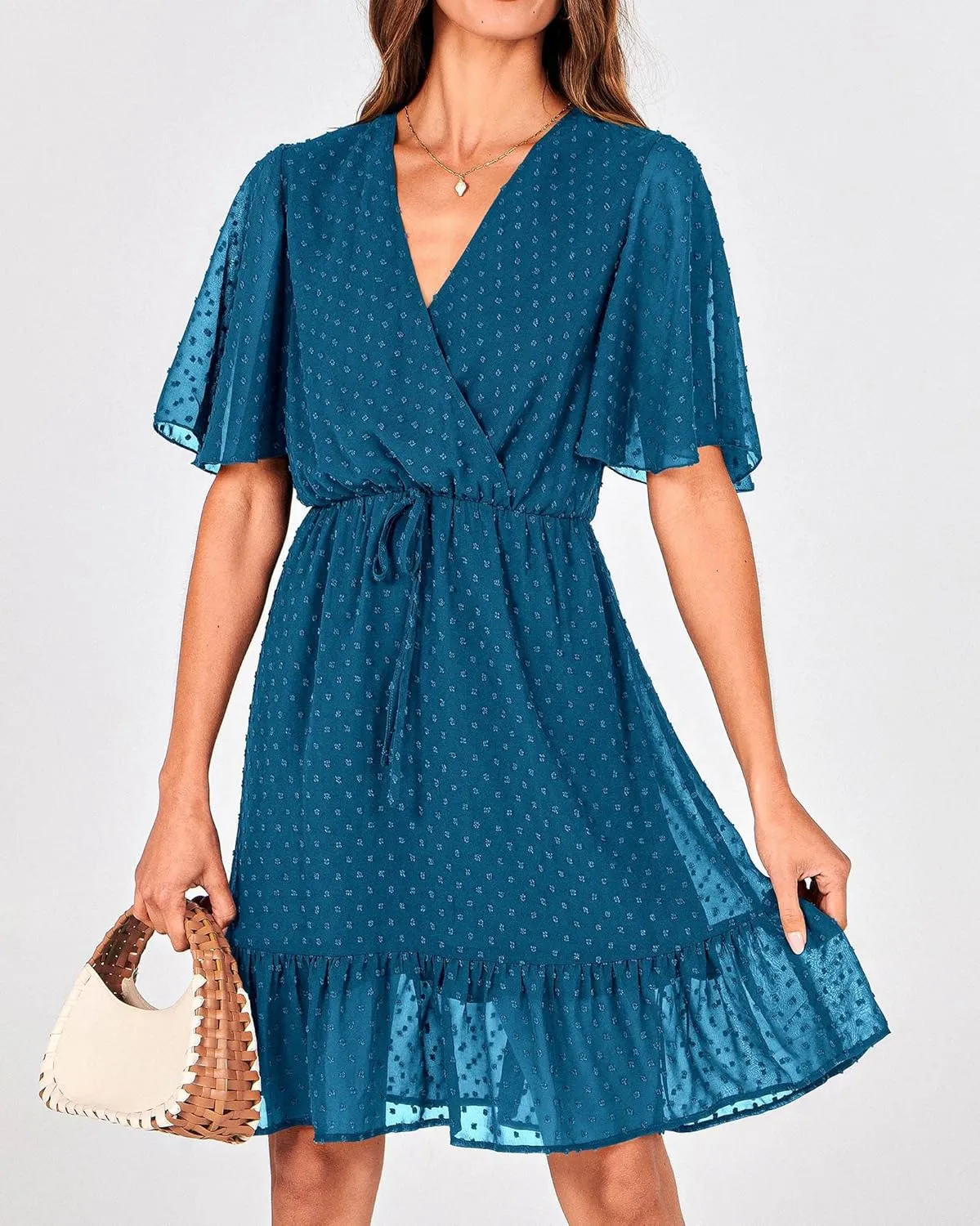 KIRUNDO Women's Summer Dresses 2025 Casual Short Sleeve V Neck Ruffle Floral Print High Waist Flowy Mini Dress with Belt