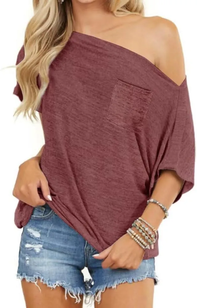 LEEDYA Off The Shoulder Tops for Women Summer Short Sleeve Sexy Shirts Plus Size Casual Batwing Date Night Tunic Top