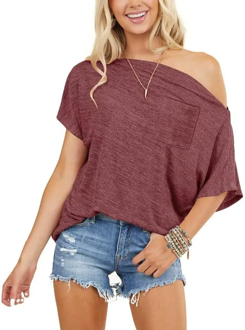 LEEDYA Off The Shoulder Tops for Women Summer Short Sleeve Sexy Shirts Plus Size Casual Batwing Date Night Tunic Top