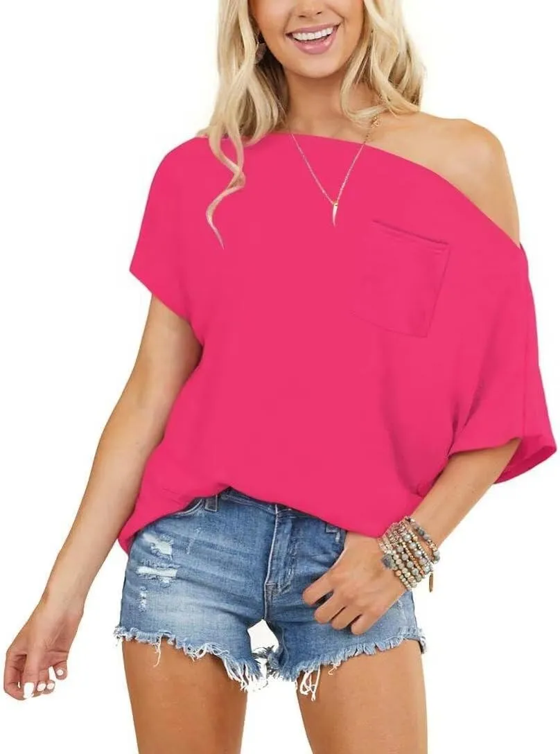LEEDYA Off The Shoulder Tops for Women Summer Short Sleeve Sexy Shirts Plus Size Casual Batwing Date Night Tunic Top