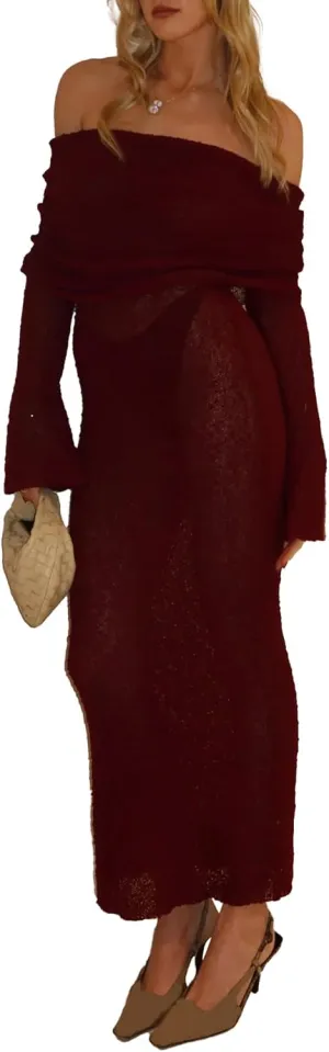 LETSVDO Women's Off Shoulder Maxi Dress Long Sleeve Bodycon Knit Crochet Mesh Sweater Sexy Vacation Party Dresses