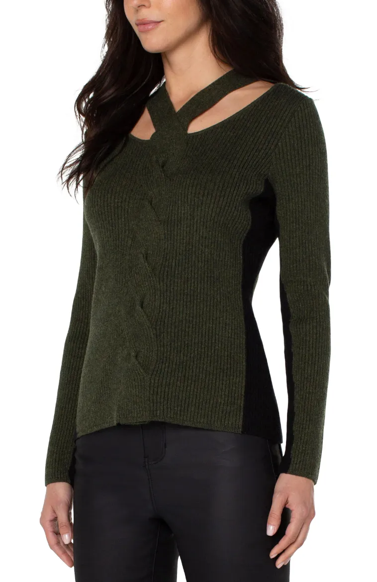 Long Sleeve Cable Twist Neck Wrap Sweater - Pine Black