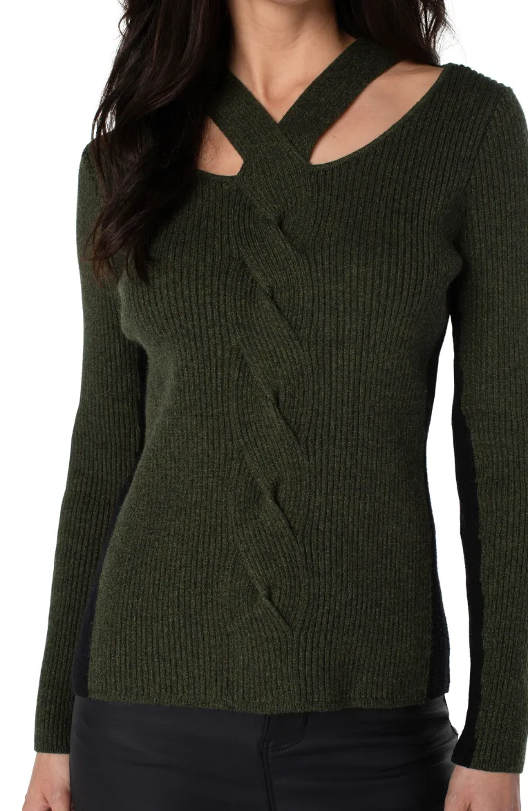 Long Sleeve Cable Twist Neck Wrap Sweater - Pine Black