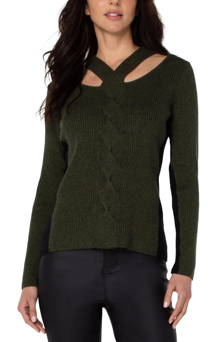 Long Sleeve Cable Twist Neck Wrap Sweater - Pine Black