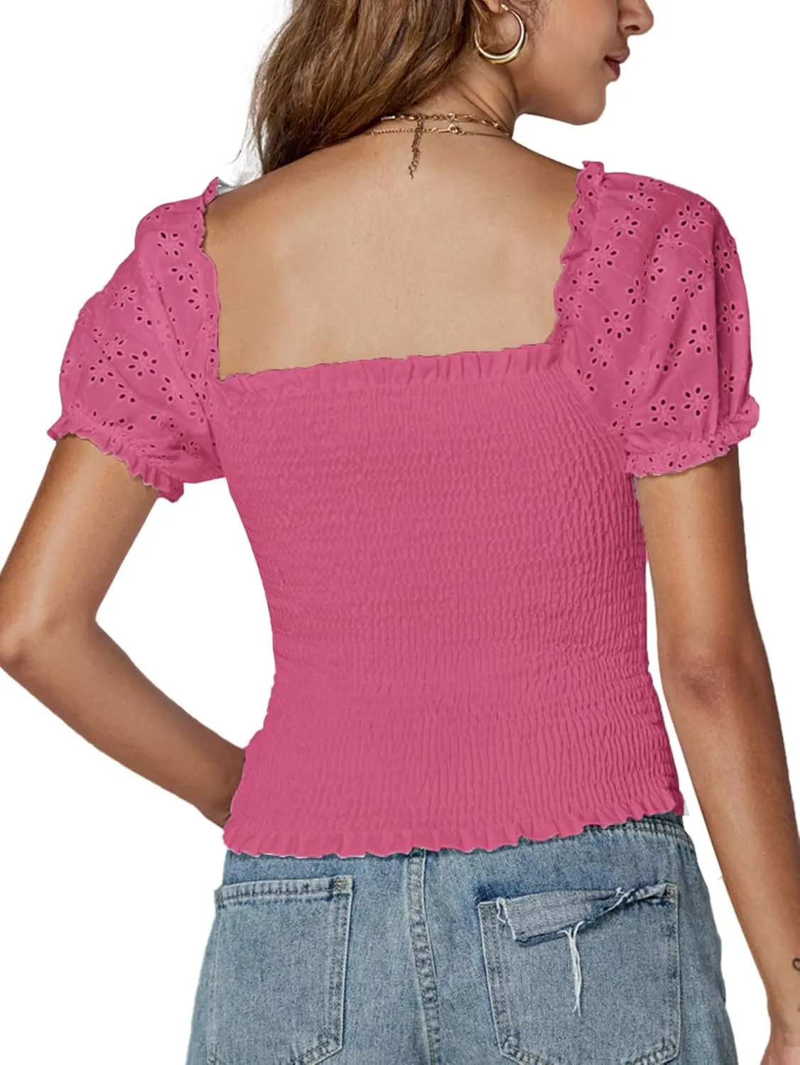 LYANER Women's Square Neck Shirred Eyelet Embroidered Puff Short Sleeve Ruffle Trim Blouse Crop Top