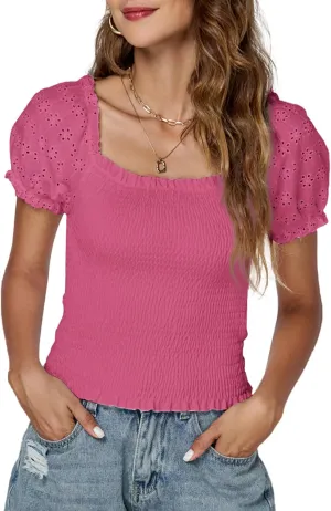 LYANER Women's Square Neck Shirred Eyelet Embroidered Puff Short Sleeve Ruffle Trim Blouse Crop Top