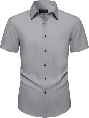 Manwan walk Men's Short Sleeve Casual Button-Down Solid Slim Fit Business Formal Shirts