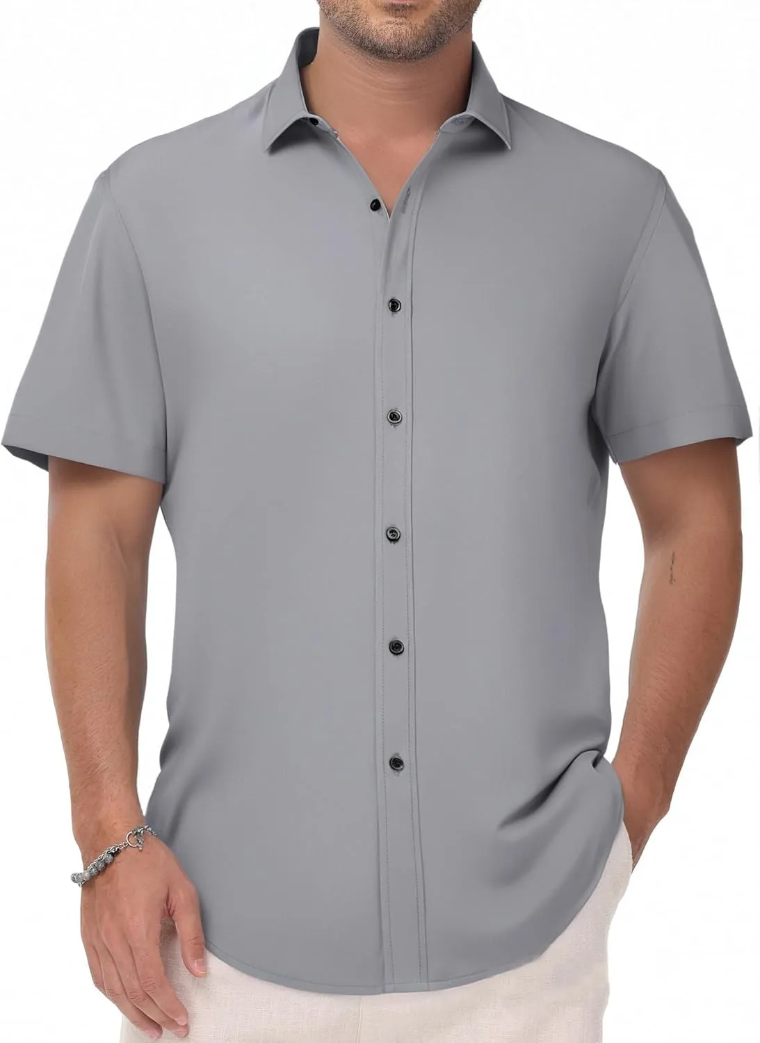 Manwan walk Men's Short Sleeve Casual Button-Down Solid Slim Fit Business Formal Shirts